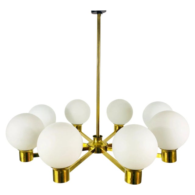 Mid-Century 8-Arm Brass and Opaline Glass Chandelier, 1960s For Sale - Image 10 of 10