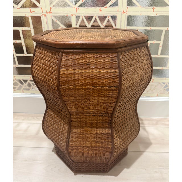 Mid 20th Century Mid 20th Century Rattan and Caning Hexagonal Side Table With Storage For Sale - Image 5 of 11