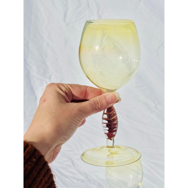 Glass Contemporary Hand-Blown Opalescent Yellow Tint Wine Glasses – Set of 2 Art Glass Stems For Sale - Image 7 of 9