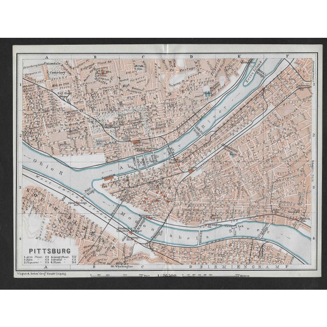 Folding map from a 1909 travel guide of North America of Pittsburgh (written Pittsburg) Pennsylvania.