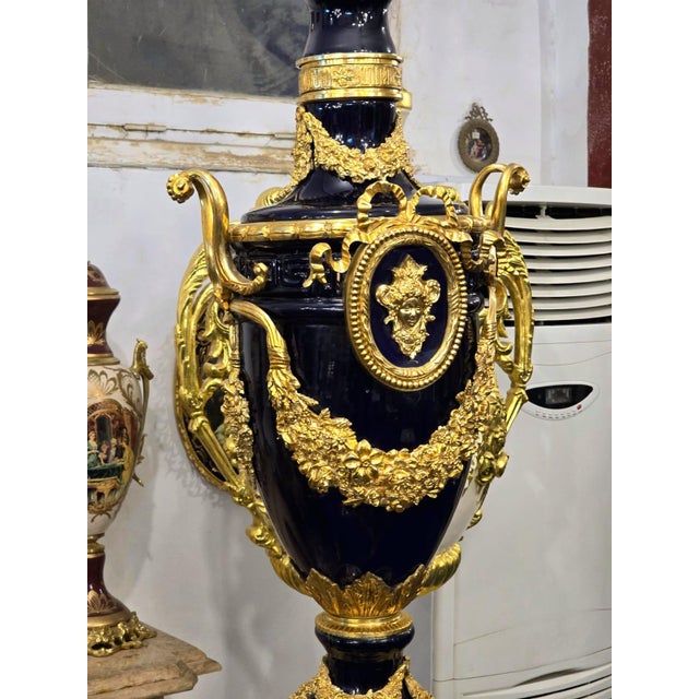 2000 - 2009 Grand Sevres-Style Midnight Blue Porcelain Vase on Pedestal With Gold Leaf & Bronze Details For Sale - Image 5 of 10