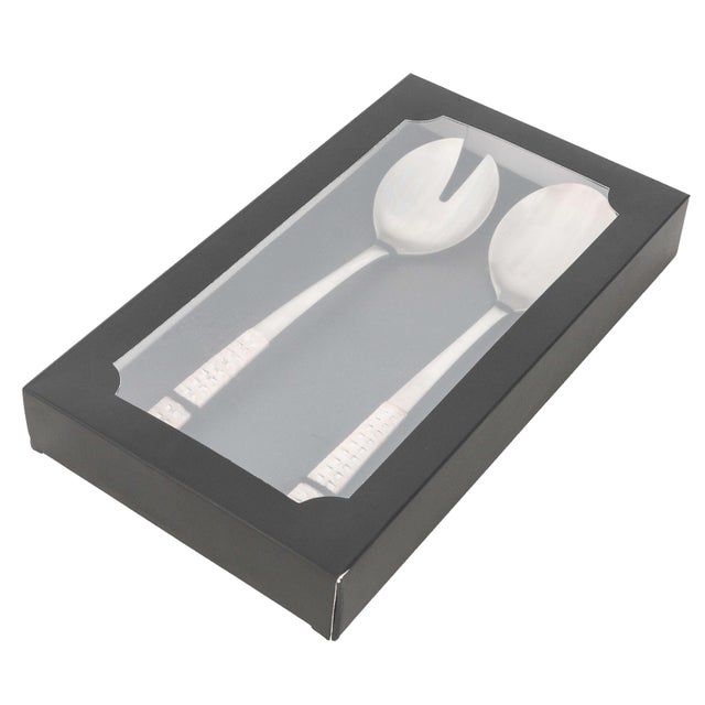 Artifacts Rattan Stainless-Steel Serving Pieces with Gift Box in White - Set of 2 For Sale - Image 4 of 5