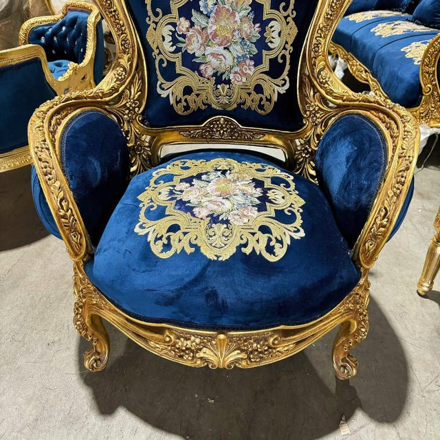Blue Blue Bergère Wing Chair – French Style Armchair With Gold Leaf Details For Sale - Image 8 of 8