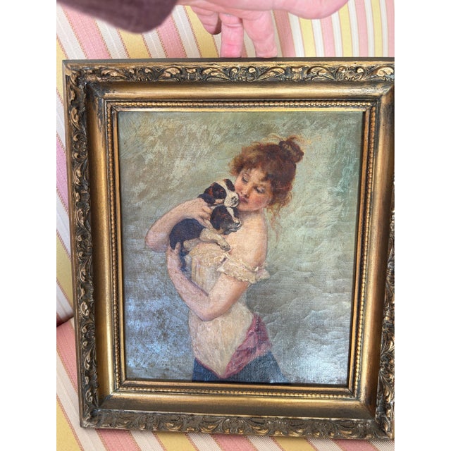 Realism Antique Oil on Canvas “Young Woman With Puppeis” v. Tojetti 1900 For Sale - Image 3 of 7