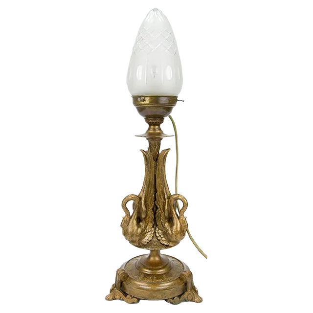 Empire Style Bronze-Colored Pewter and Frosted Cut Glass Table Lamp, 1900s For Sale