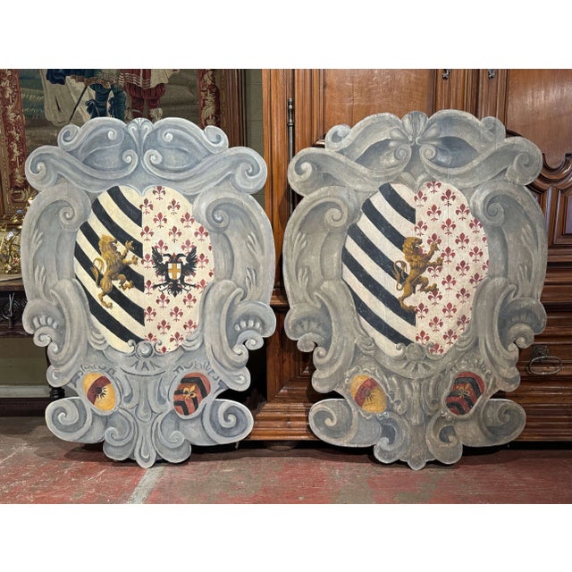 Early 20th Century Pair Early 20th Century Italian Carved and Painted Wall Hanging Heraldic Shields For Sale - Image 5 of 11