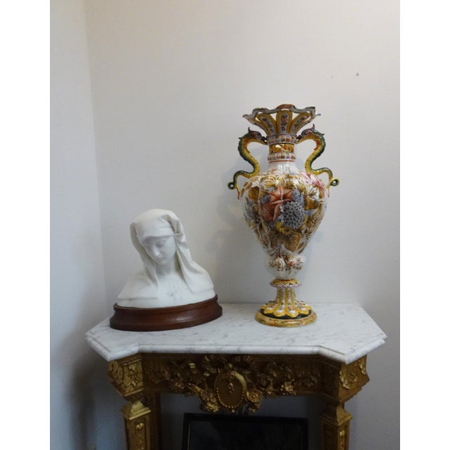 Renaissance Style Hand-Painted Majolica Vase with Flowers and Dragon-Shaped Handles from Nove Bassano, Italy, 1950s For Sale - Image 16 of 17