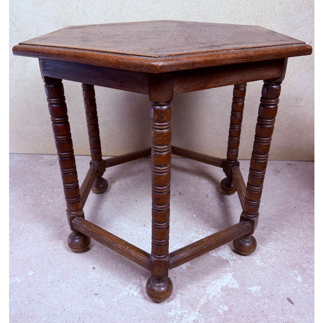 Spanish Hexagonal Wood Side Table with Turned Legs, 1930 For Sale - Image 6 of 10