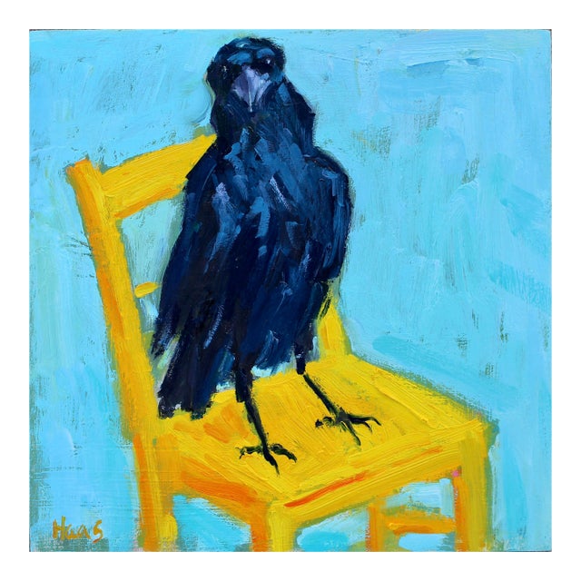 Crow Raven on Yellow Chair, Oil Painting by L Haas For Sale