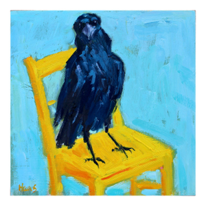 Crow Raven on Yellow Chair, Oil Painting by L Haas