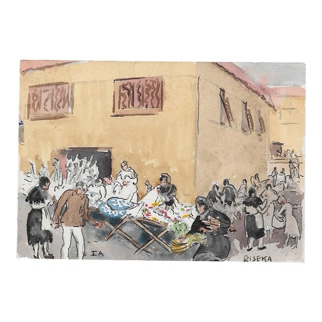 1950s Ivy Attwell Croatian Market Watercolor For Sale