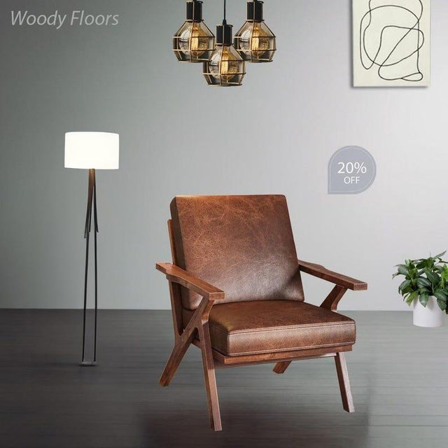 Not Yet Made - Made To Order Accent Wooden Chair, Faux Leather Brown Chair, Mid-Century Modern Chair, Leather Armchair, Brown Reading Chair, Comfy Upholstered Grey Chair For Sale - Image 5 of 7
