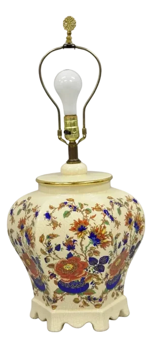 Vintage Oriental Porcelain Hexagonal Flower Decorated Ginger Jar Table Lamp
