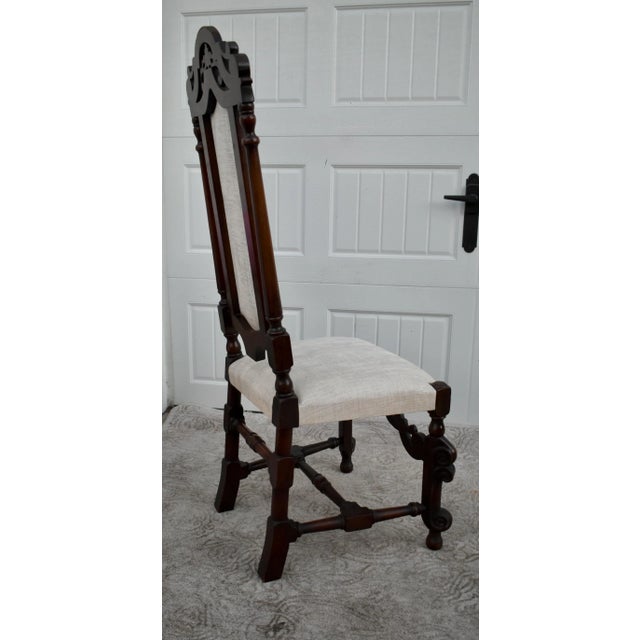 Wood Walnut Accent Chair Carved High Back Jacobean Style William & Mary Stretcher 80s For Sale - Image 7 of 12