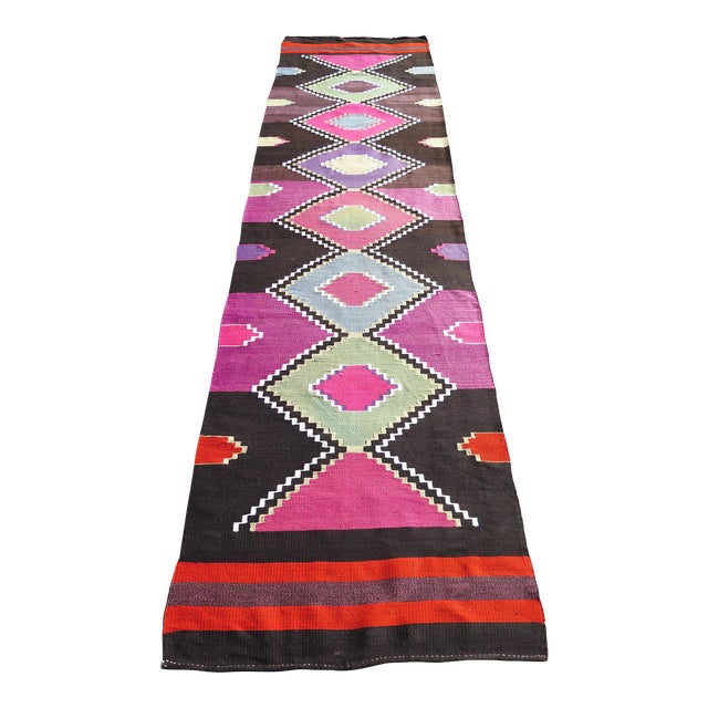 Mid 20th Century Magenta & Brown Vintage 60's Turkish Handwoven Boho Runner Rug For Sale