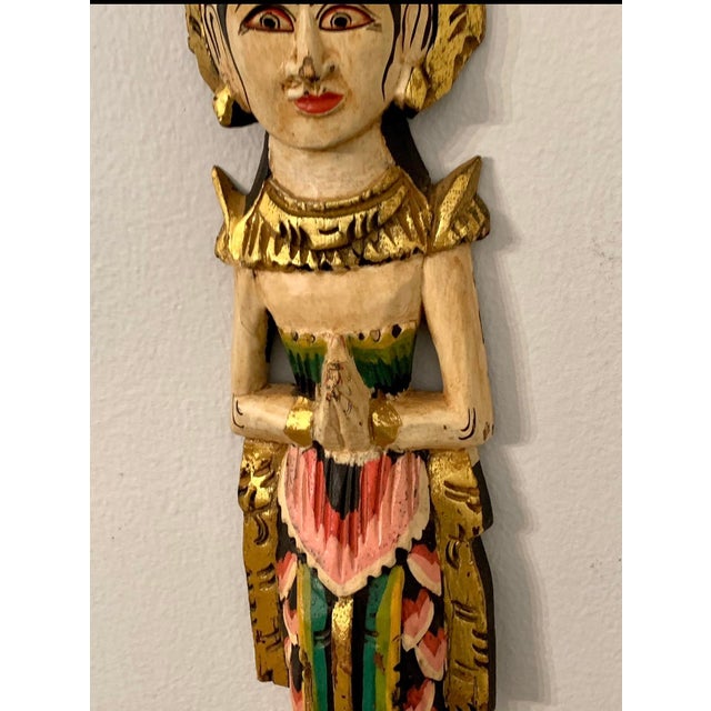 Tribal Vintage 25” Balinese Gilt Wood Temple Dancer Wall Sculpture, Hand-Carved, Indonesia For Sale - Image 3 of 12