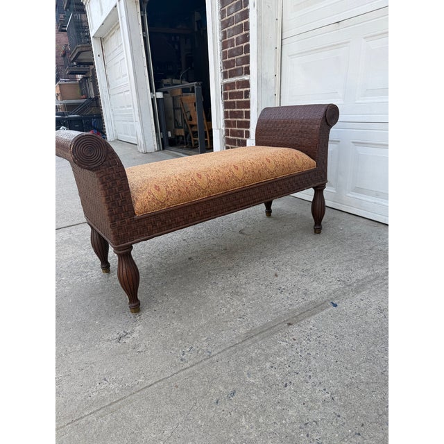 Vintage Boho Woven Rattan Wicker Scroll Arm Upholstered Bench For Sale - Image 12 of 12