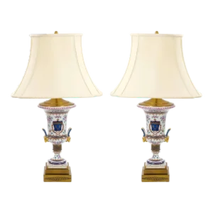 Mid-20th Century French Porcelain Urn-Shaped Table Lamps / Gilt Gold Accents