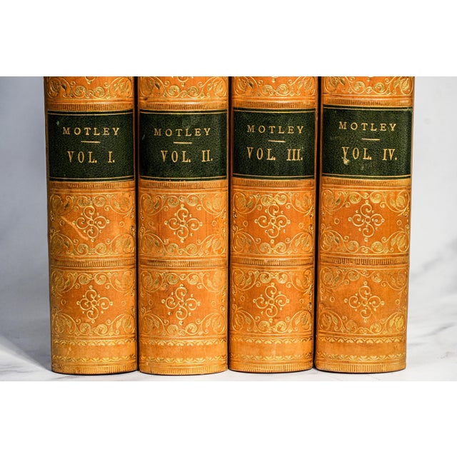 Wonderful Complete 4 Volume History of the Netherlands John Lothrop Motley Ornate Antique Leather Spine Books Home Office Decor For Sale - Image 4 of 11