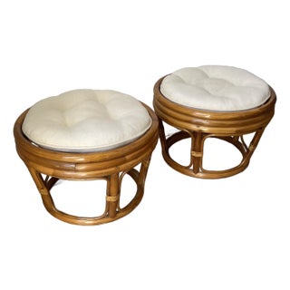 1960s Pair of Bamboo Ottoman Stools With Linen Round Cushions For Sale
