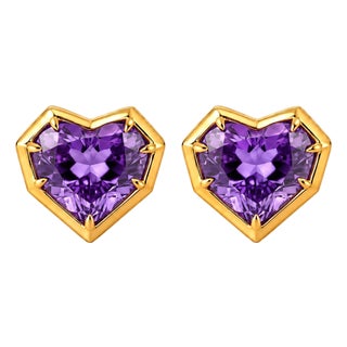 Geometric Heart Amethyst Stud Earrings, Silver, Gold, Pair For Sale