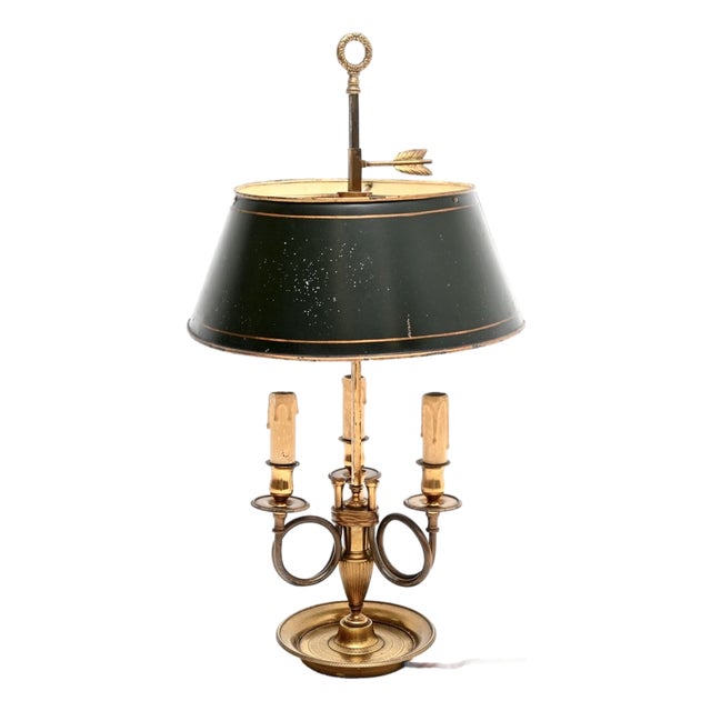 Antique French Brass and Tole Bouillotte Table Lamp, 1920s For Sale