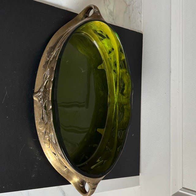Vintage Art Nouveau Centerpiece Bowl With Green Glass Insert and Flowing Lines & Ginkgo Leaf Motifs 18.75"x9.5"x4.25" For Sale - Image 9 of 13
