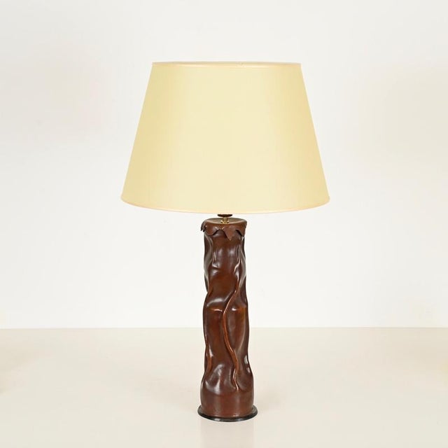1970s Large Italian Sculptural Table Lamp in Curved Leather and Parchment, 1970s For Sale - Image 5 of 15