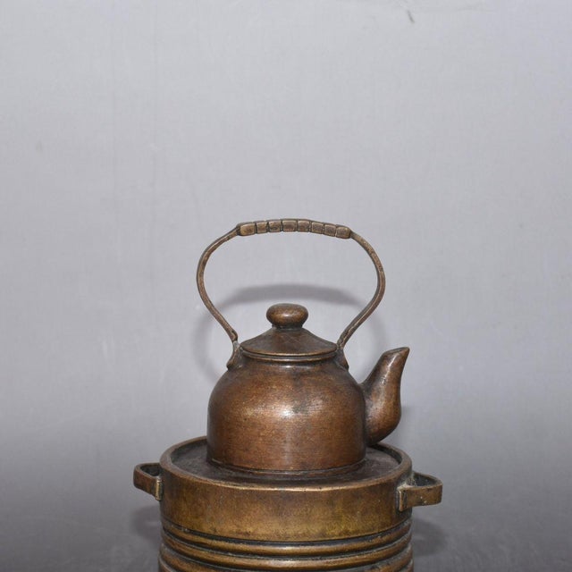 Vintage Solid Bronze Wine / Teapot With Integrated Charcoal Stove, Antique Chinese Warming Kettle Set, Chinoiserie Tabletop Decor For Sale - Image 4 of 9