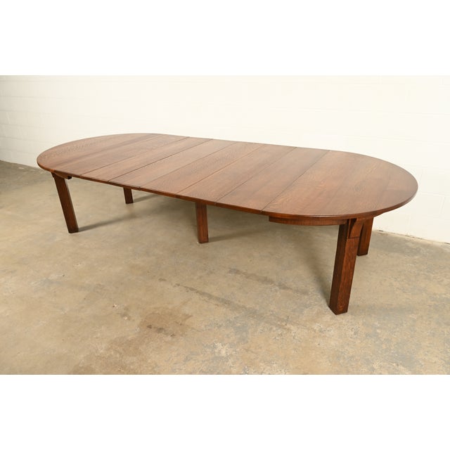 Brown Limbert Antique Mission Oak Arts & Crafts Five-Leg Extension Dining Table, Newly Refinished For Sale - Image 8 of 15