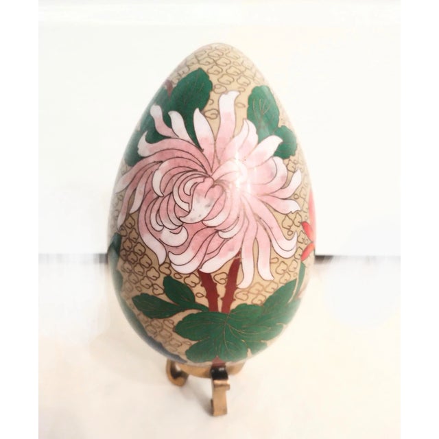 Vintage Floral Pink Green Brass Cloisonne Egg on Brass Stand For Sale - Image 9 of 9