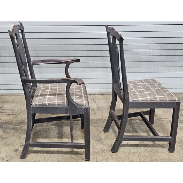 Wood Set of 6 Late 20th Century Eldred Wheeler Dining Room Chairs Black Finish Black Check Seats For Sale - Image 7 of 10
