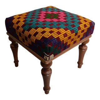 Handmade Kilim Upholstered Footstool For Sale