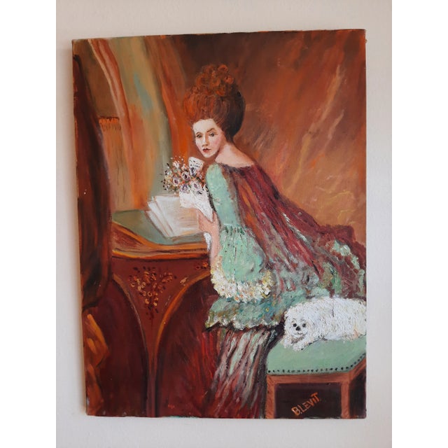 Original Lady & Dog Portrait Painting Bridgerton Style Signed For Sale - Image 9 of 10