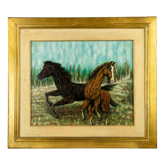 Italian Artist, Horses, 1991, Oil Painting on Canvas, Framed For Sale