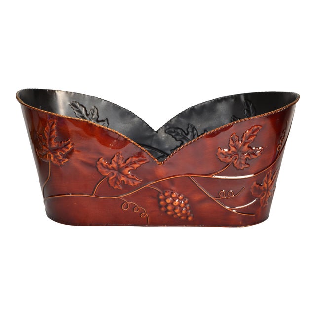 1980s Burgundy Embossed Fall Leaves Tin Planter Gift Basket Container Brass Braided Trim For Sale