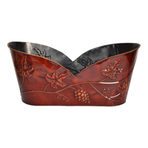 1980s Burgundy Embossed Fall Leaves Tin Planter Gift Basket Container Brass Braided Trim