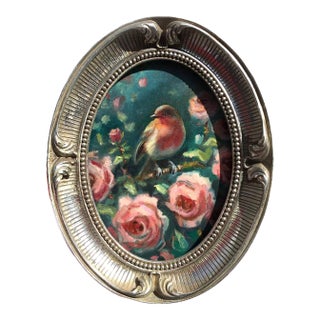 Framed Original Painting Robin Bird Roses Oval Wall Decor by Artist Valeriya Serova For Sale
