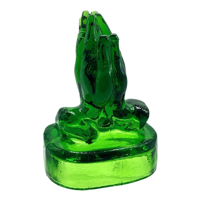 Vintage Emerald Green Pressed Glass Praying Hands Sculpture For Sale