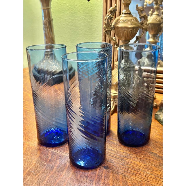 Vintage Hand-Blown Cobalt Blue Swirl Highball Glasses – Set of 4 For Sale - Image 4 of 10