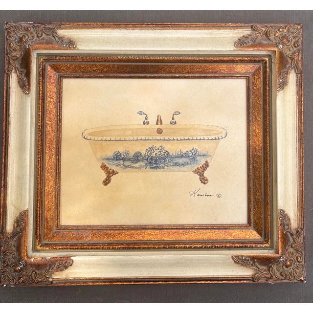 Pair of Vintage Consuelo Gamboa Bath Display Framed Canvas Prints in Ornate Antiqued Gold Frames| French Country Bathroom Wall Art For Sale - Image 4 of 12