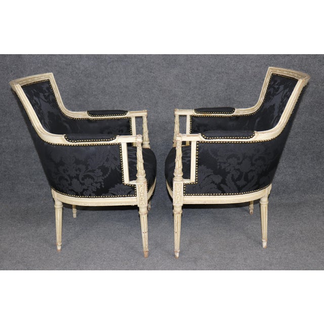 Early 20th Century Pair Attributed Maison Jansen French Louis XVI Style Distressed Painted Bergeres For Sale - Image 5 of 13