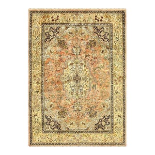 1940s Classic Salmon Animals Medallion Vintage Tabriz Silk Knotted Room Size Rug For Sale