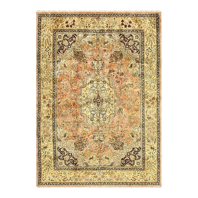 1940s Classic Salmon Animals Medallion Vintage Tabriz Silk Knotted Room Size Rug For Sale