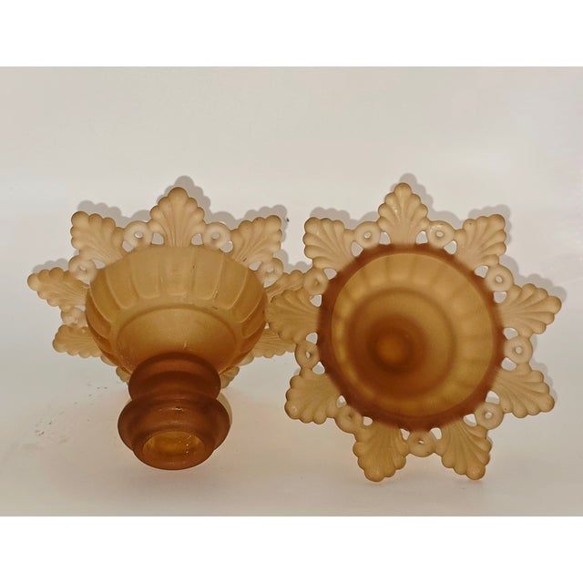 Victorian Pair of Vintage Westmoreland “Ring and Petal” Amber Glass Candle Holders For Sale - Image 3 of 8
