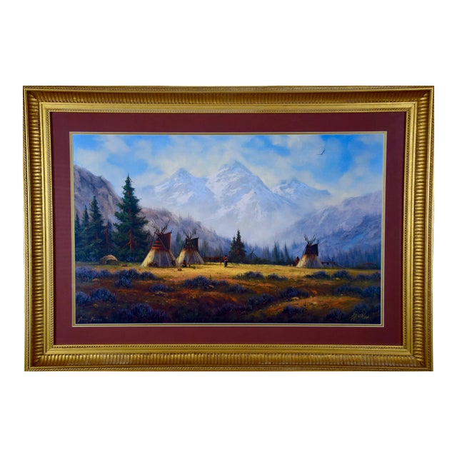Native American Encampment in a Valley, Limited Edition Hartwig Signed Print For Sale