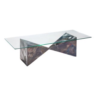 Paul Evans for Directional Pe13 Mid Century Bronzed Steel and Glass Coffee Table For Sale