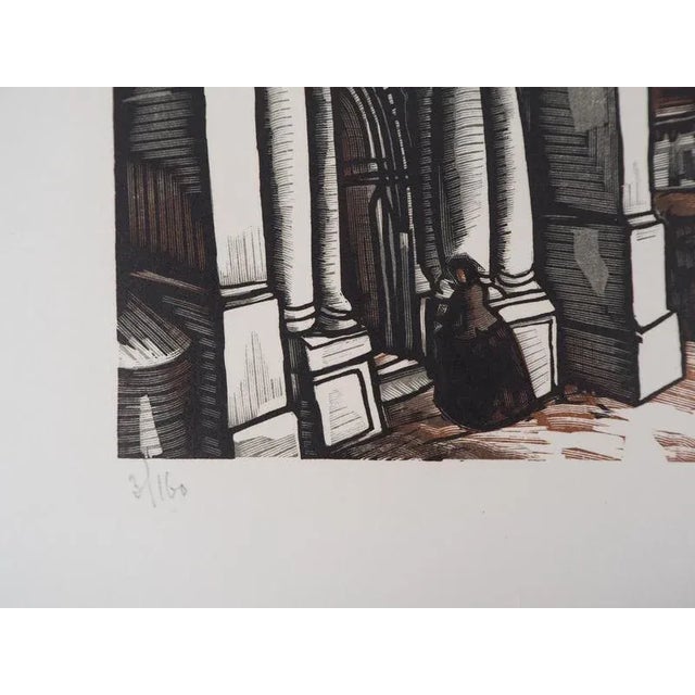 Louis SOULAS Dordogne, the Place in Domme, 1928 Original woodcut Signed in pencil Numbered /160 copies On vellum 32.5 x...