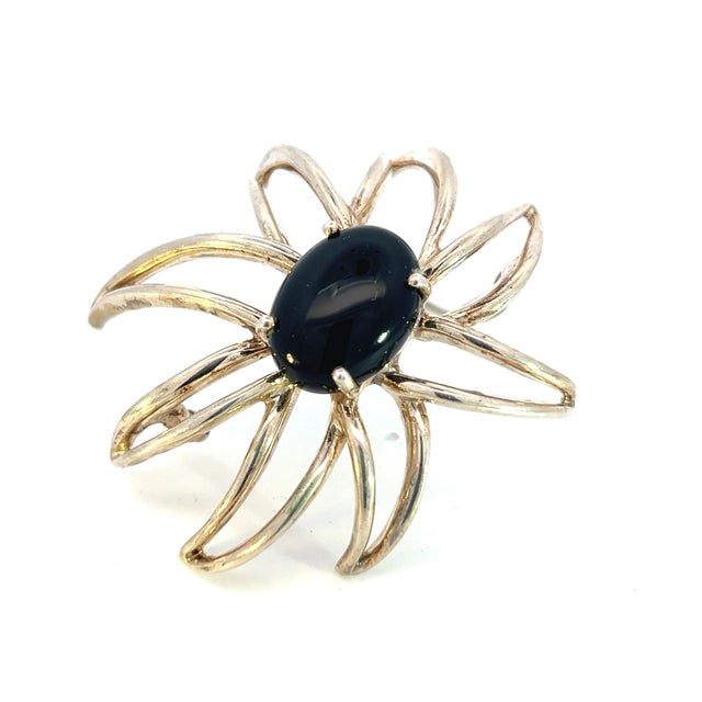 Tiffany and Co. 1990s Tiffany & Co Estate Large Onyx Flower Brooch Sterling Silver For Sale - Image 4 of 9