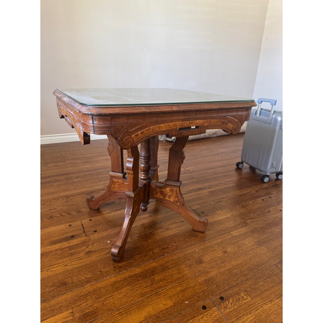 Late 19th Century Eastlake Walnut Parlor Table With Burl Inlays For Sale - Image 4 of 9